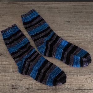 Striped Blue and Black Hand Knit Socks Size 7